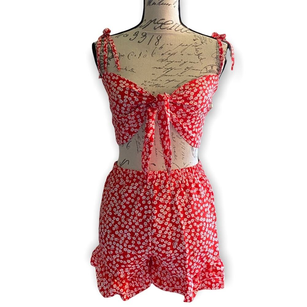 Red & White Cotton Blend Tank Shorts Set Small NEW
